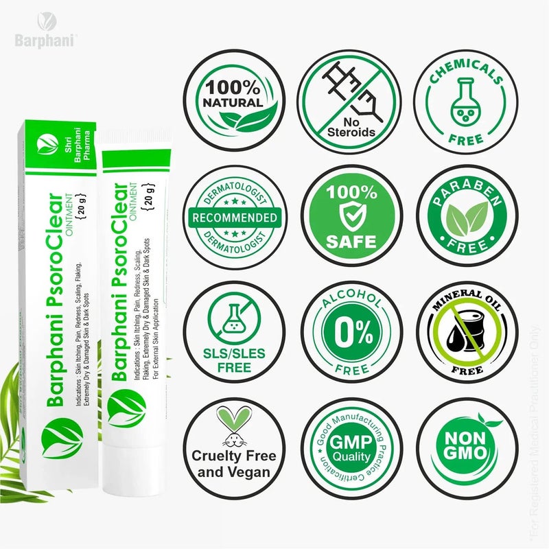 Barphani PsoroClear Ointment - Natural Best Herbal Ayurvedic Psoriasis Cream for Body & Scalp Itching Scaling Flaking Redness - Best for Dry Itchy Skin, Severely Damaged Skin, 120g (Pack of 6) - Image 3