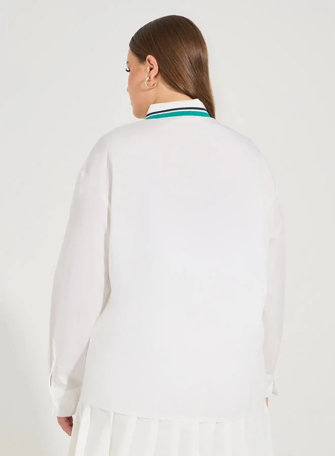 Styli Plus Size Oversized Button Down Shirt with Logo Detail