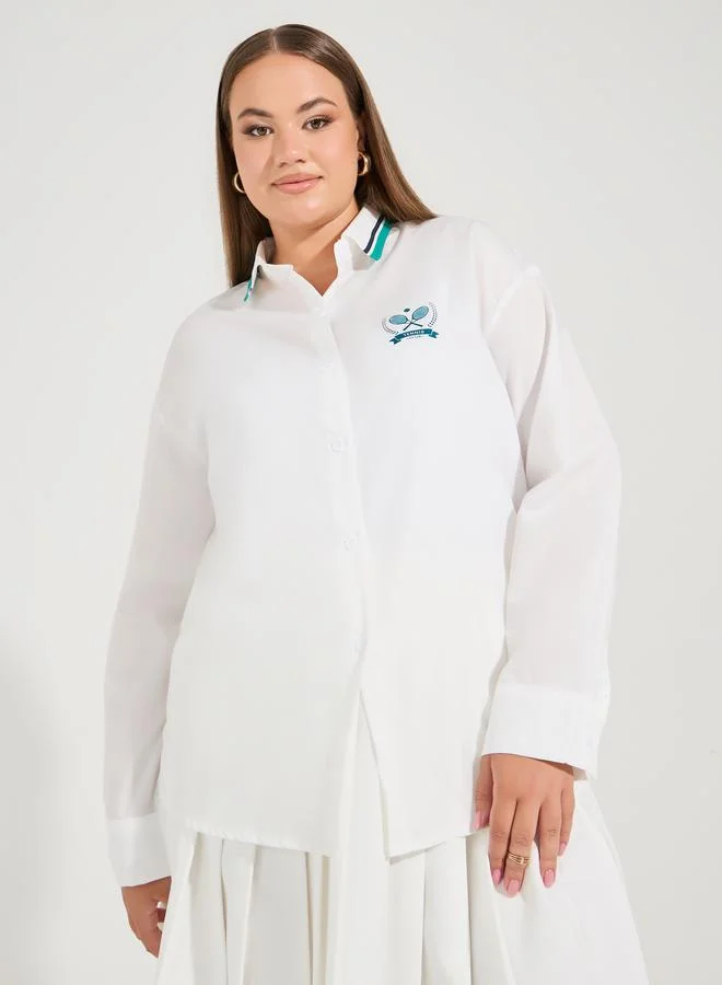 Styli Plus Size Oversized Button Down Shirt with Logo Detail