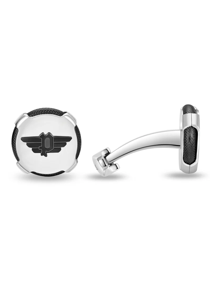 بوليس Police Knurl Stainless Steel Gents Cufflinks with Black Police Wings Logo- 18mm