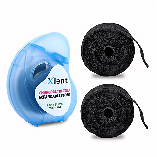 Xlent Expandable Floss Treated Activated Charcoal, Xylitol Natural Based Wax Fresh Mint Flavor | 3 Count (1 50 m Floss Blue Container Plus 2 50 m Refill Bobbins), 3 Count (1 Blister Card+2 Refill) - Image 2