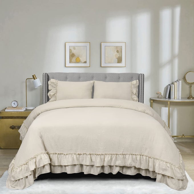 HIG 3 PIECE FARMHOUSE RUFFLED DUVET COVER SET QUEEN CAMEL VINTAGE DUVET COVER WITH 2 ROWS OF HANDMADE RUFFLE SOLID WASHED MICROFIBER BEDDING COVER FOR BEDROOM 1 DUVET COVER 2 SHAMS HANS