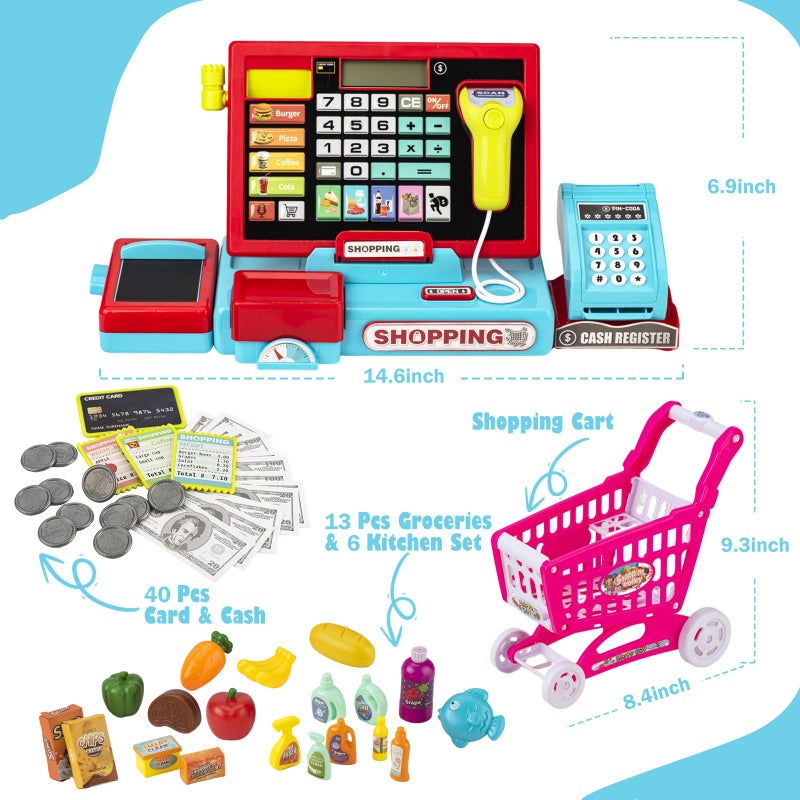 VROGTIK Cash Register for Kids Real Calculator Kids Cash Register with Scanner Toy for 3 4 5 6 7 8 Year Old Boy Pretend Play Store with Music / Food / Shopping Cart Learning Toys Gifts for Boys Ages 4-8 - Image 3