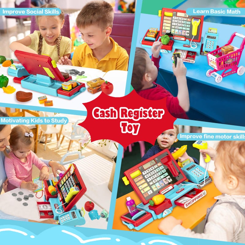 VROGTIK Cash Register for Kids Real Calculator Kids Cash Register with Scanner Toy for 3 4 5 6 7 8 Year Old Boy Pretend Play Store with Music / Food / Shopping Cart Learning Toys Gifts for Boys Ages 4-8 - Image 4