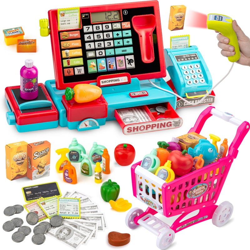 VROGTIK Cash Register for Kids Real Calculator Kids Cash Register with Scanner Toy for 3 4 5 6 7 8 Year Old Boy Pretend Play Store with Music / Food / Shopping Cart Learning Toys Gifts for Boys Ages 4-8 - Image 1
