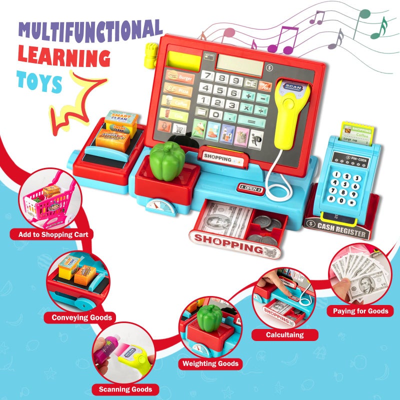 VROGTIK Cash Register for Kids Real Calculator Kids Cash Register with Scanner Toy for 3 4 5 6 7 8 Year Old Boy Pretend Play Store with Music / Food / Shopping Cart Learning Toys Gifts for Boys Ages 4-8 - Image 2