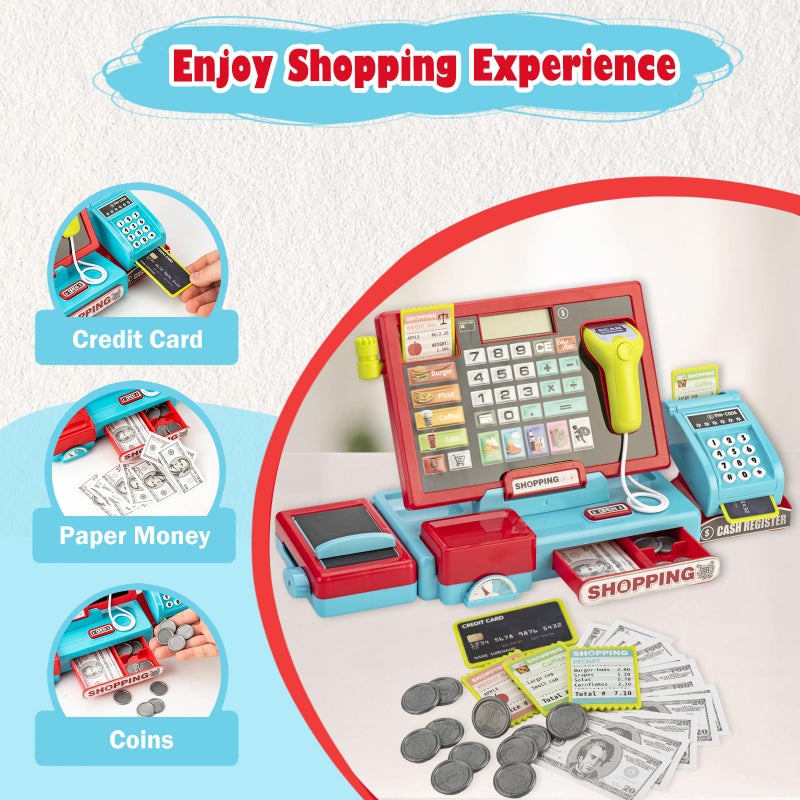 VROGTIK Cash Register for Kids Real Calculator Kids Cash Register with Scanner Toy for 3 4 5 6 7 8 Year Old Boy Pretend Play Store with Music / Food / Shopping Cart Learning Toys Gifts for Boys Ages 4-8 - Image 5