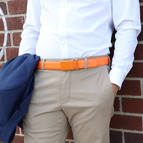 Falari Men's Genuine Leather Ratchet Dress Belt Automatic Sliding Buckle 8168-ORG-M36 - Image 4