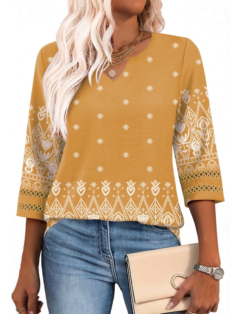 LOMON Linen Shirts for Women: 3/4 Sleeve Dressy Casual V Neck Boho Tops - Ladies Blouses Work Professional Flattering Outfits to Hide Tummy - Image 2