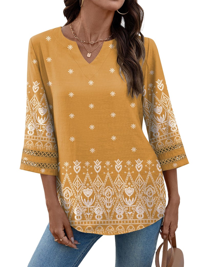 LOMON Linen Shirts for Women: 3/4 Sleeve Dressy Casual V Neck Boho Tops - Ladies Blouses Work Professional Flattering Outfits to Hide Tummy - Image 3