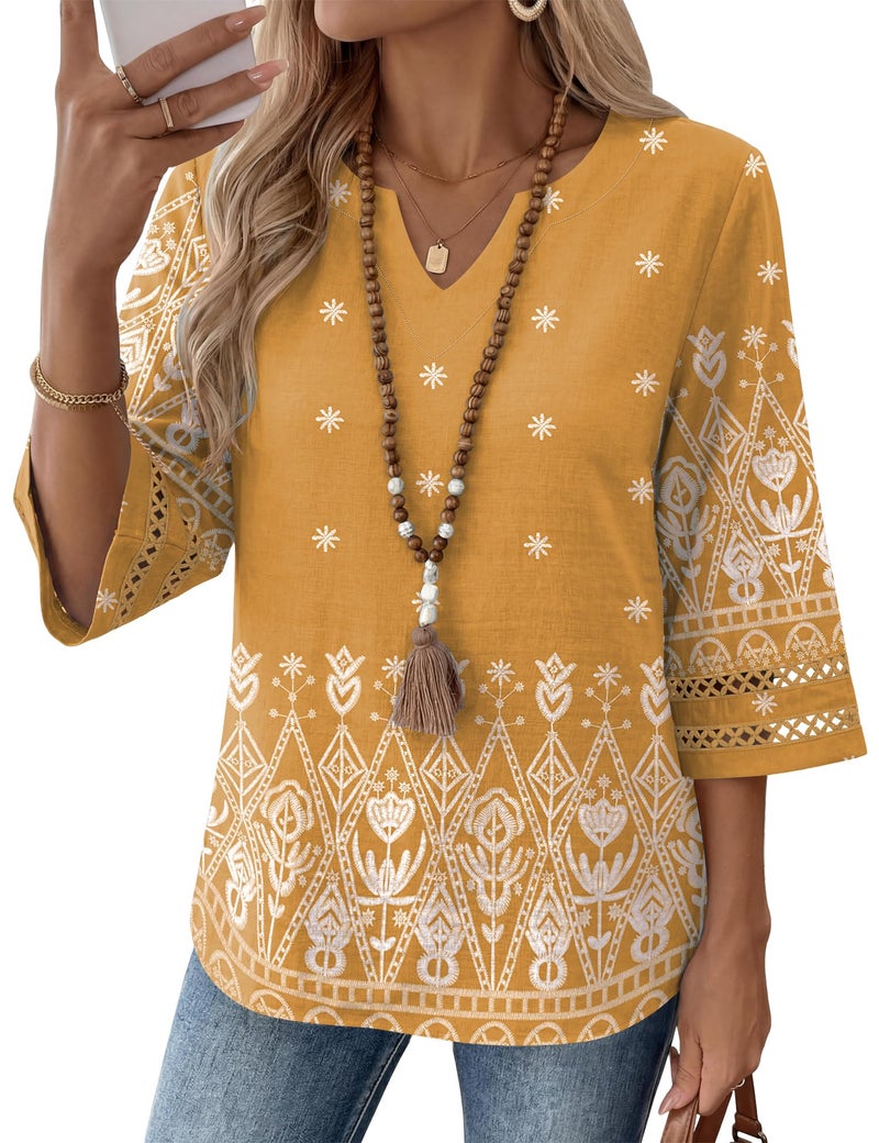 LOMON Linen Shirts for Women: 3/4 Sleeve Dressy Casual V Neck Boho Tops - Ladies Blouses Work Professional Flattering Outfits to Hide Tummy - Image 1