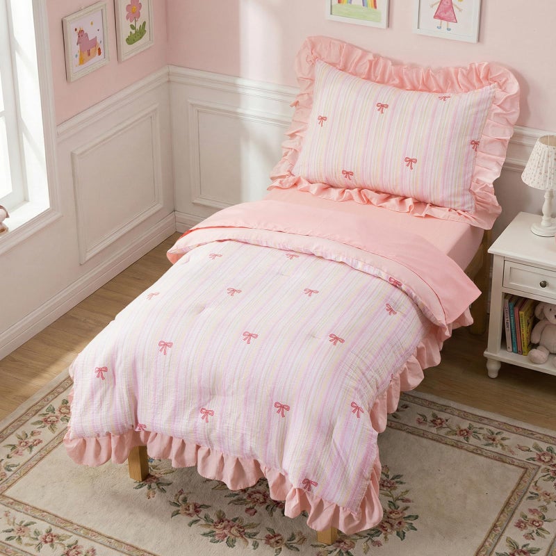 Btargot 4 Pieces Ultra Soft Toddler Ruffle Bedding Set, Cartoon Rainbow Bowknot Pattern Comforter Sets for Baby Girls Boys, Multicolor - Image 1