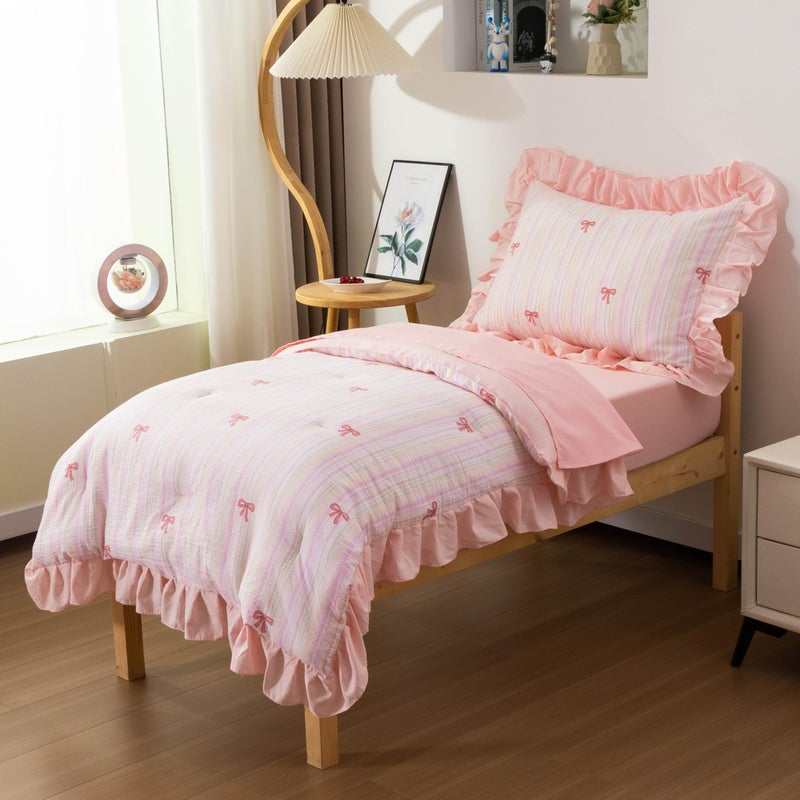 Btargot 4 Pieces Ultra Soft Toddler Ruffle Bedding Set, Cartoon Rainbow Bowknot Pattern Comforter Sets for Baby Girls Boys, Multicolor - Image 4