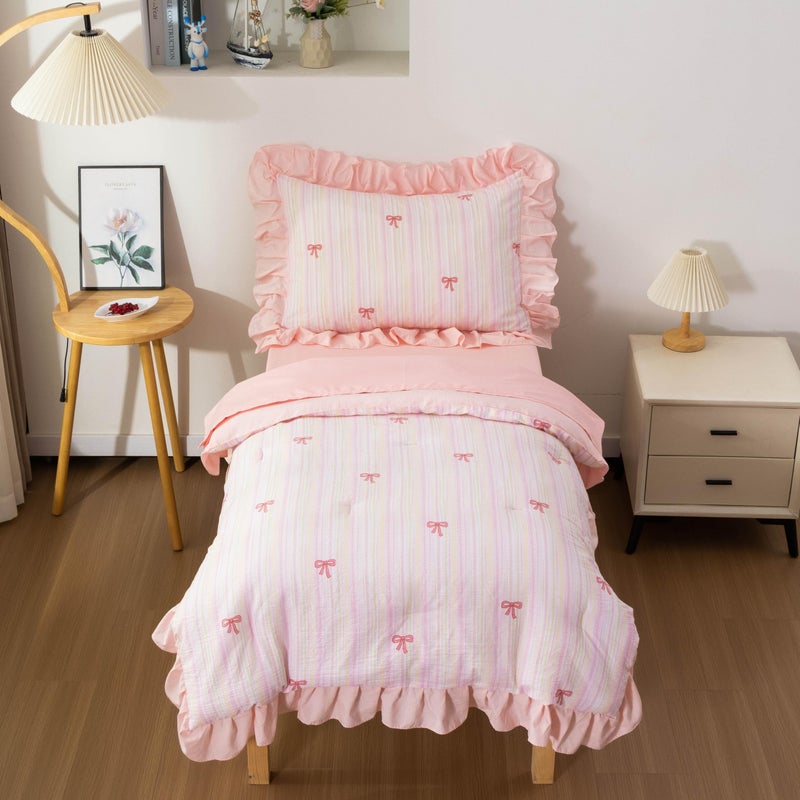 Btargot 4 Pieces Ultra Soft Toddler Ruffle Bedding Set, Cartoon Rainbow Bowknot Pattern Comforter Sets for Baby Girls Boys, Multicolor - Image 3