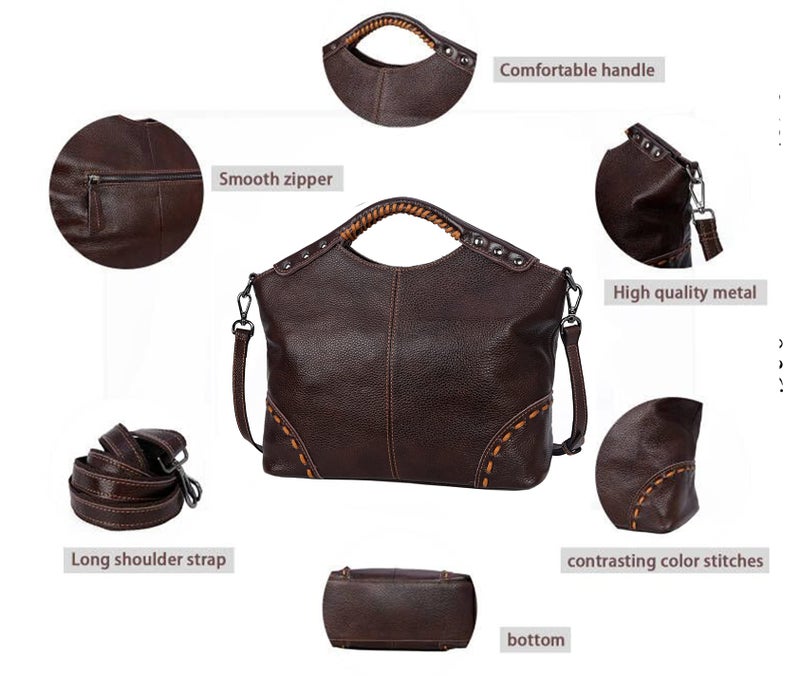 HESHE Genuine Leather Crossbody Purses for Women Shoulder Bags Hobo Bags Tote Top Handle Bag with Zippered Fashion Designer Satchel Handbags for Work Travel Bag (Coffee) - Image 4