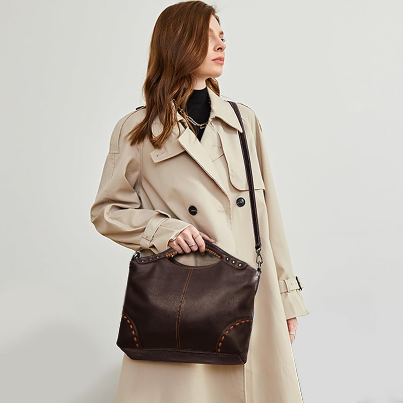 HESHE Genuine Leather Crossbody Purses for Women Shoulder Bags Hobo Bags Tote Top Handle Bag with Zippered Fashion Designer Satchel Handbags for Work Travel Bag (Coffee) - Image 3