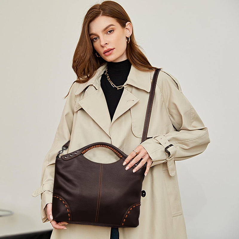 HESHE Genuine Leather Crossbody Purses for Women Shoulder Bags Hobo Bags Tote Top Handle Bag with Zippered Fashion Designer Satchel Handbags for Work Travel Bag (Coffee) - Image 2