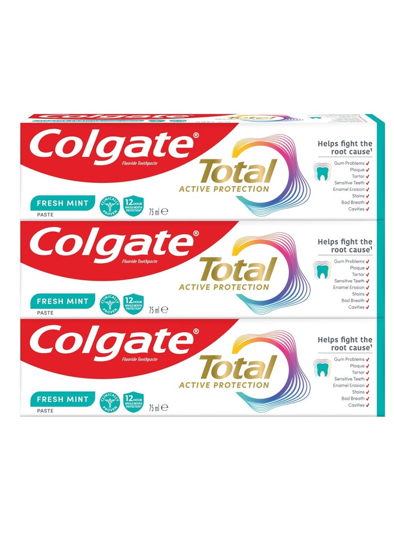 Colgate Toothpaste Total Active Protection, Fresh Mint Toothpaste, 3x75 ml, 3 Pack