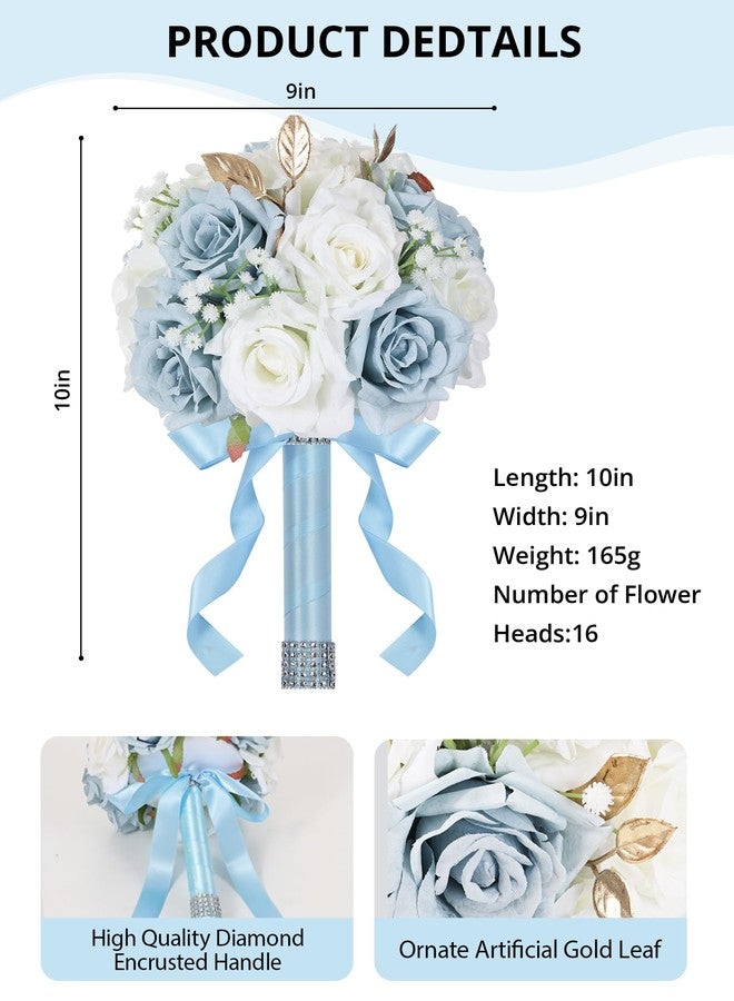 Pyopbow Wedding Bouquets for Bride & Bridesmaid, 9 Inch Artificial Rose Bridal Bouquet, Ivory White & Blue Silk Flowers for Wedding Ceremony, Church, Party Decoration (White Blue) - Image 2