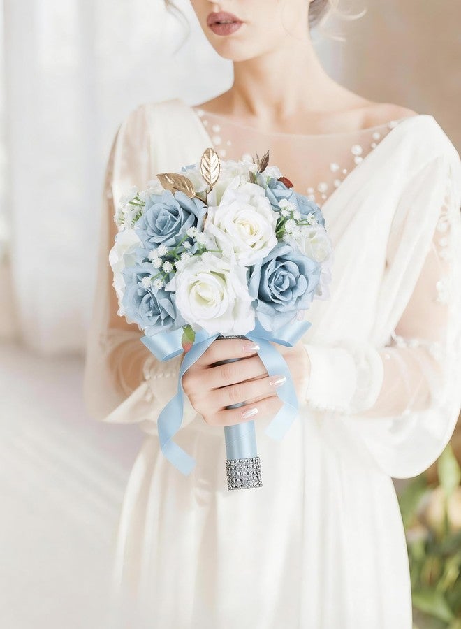 Pyopbow Wedding Bouquets for Bride & Bridesmaid, 9 Inch Artificial Rose Bridal Bouquet, Ivory White & Blue Silk Flowers for Wedding Ceremony, Church, Party Decoration (White Blue) - Image 3