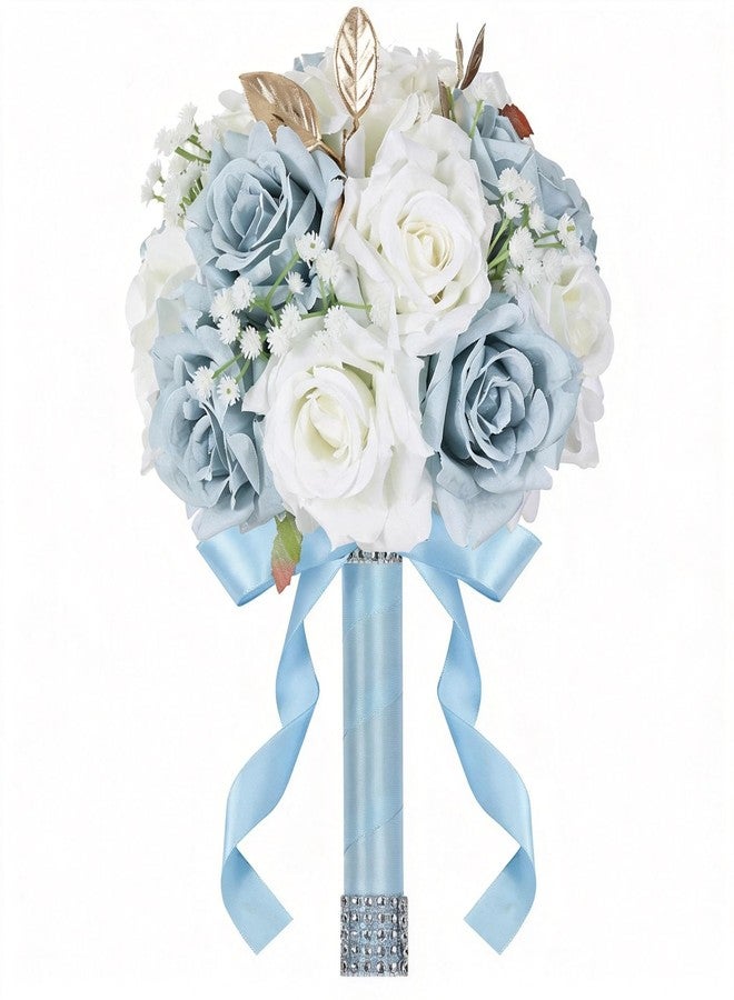 Pyopbow Wedding Bouquets for Bride & Bridesmaid, 9 Inch Artificial Rose Bridal Bouquet, Ivory White & Blue Silk Flowers for Wedding Ceremony, Church, Party Decoration (White Blue) - Image 1