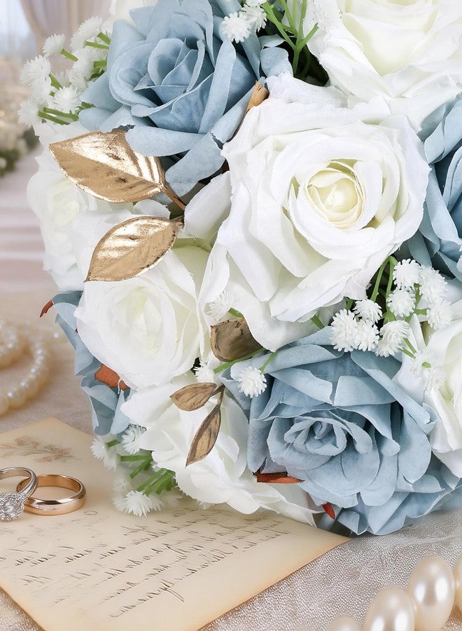 Pyopbow Wedding Bouquets for Bride & Bridesmaid, 9 Inch Artificial Rose Bridal Bouquet, Ivory White & Blue Silk Flowers for Wedding Ceremony, Church, Party Decoration (White Blue) - Image 4