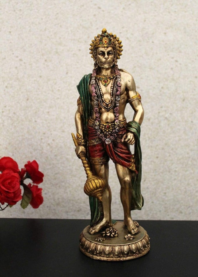 KARIGAR SHOP RESIN LORD HANUMAN JI IDOL DECORATIVE SHOWPIECE STATUE FOR HOME OFFICE DCOR STANDING BAJRANGBALI IDOLS MURTI FOR POOJA 10 INCHES METAL FINISH