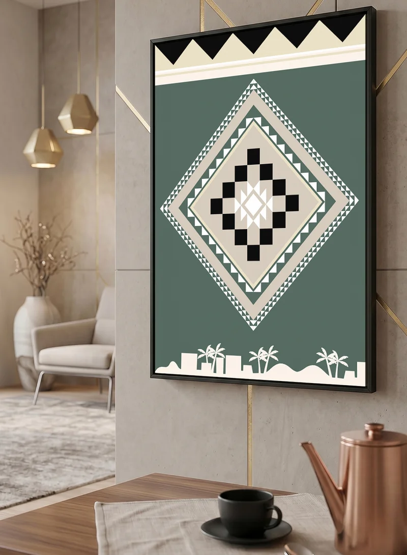 Lowha Canvas Wall Art Stretched Over Wooden Frame with Black Floating Frame and Palms in a Saudi Inspired Design