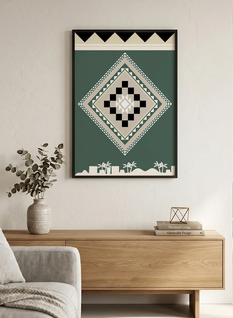 Lowha Canvas Wall Art Stretched Over Wooden Frame with Black Floating Frame and Palms in a Saudi Inspired Design