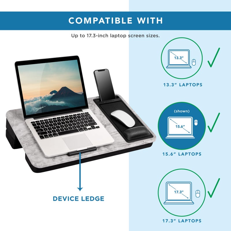 LAPGEAR Extra Large Adjustable Lap Desk with Gel Wrist Rest, Mouse Pad, Phone Holder, Device Ledge, and Booster Cushion - White Marble - Fits up to 17.3 Inch Laptops - Style No. 88101 - Image 3