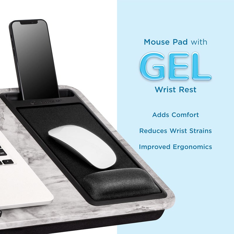 LAPGEAR Extra Large Adjustable Lap Desk with Gel Wrist Rest, Mouse Pad, Phone Holder, Device Ledge, and Booster Cushion - White Marble - Fits up to 17.3 Inch Laptops - Style No. 88101 - Image 4