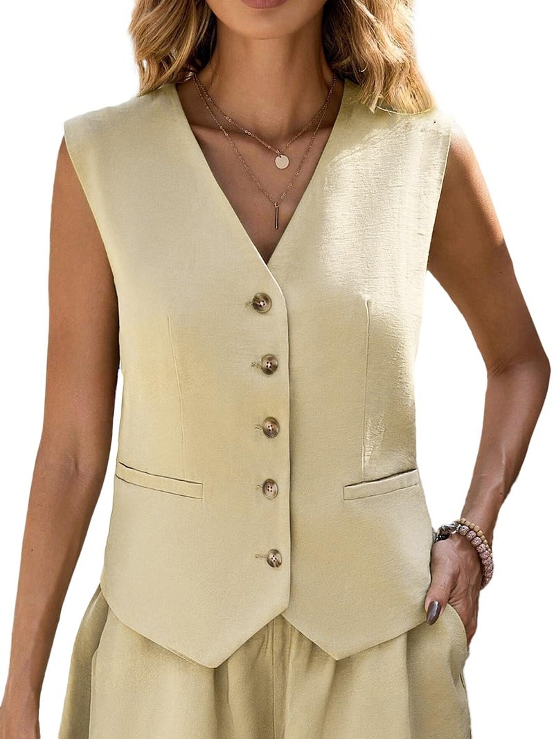 Sleeveless Vest Blazer for Women 2024 Summer Beige Linen Lightweight Casual Cropped Short Petite Fitted Ladies Fashion Dressy Womens Vests Blazer Jackets Suits