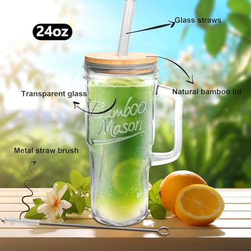 Anotion أكواب زجاجية مع أغطية وقش - 24 أونصة كوب مع مقبض أكواب قهوة قش زجاجية أكواب جرة ميسون مجموعة شرب أساسيات المطبخ ملحقات بار القهوة هدايا تدفئة المنزل منزل جديد - Image 2