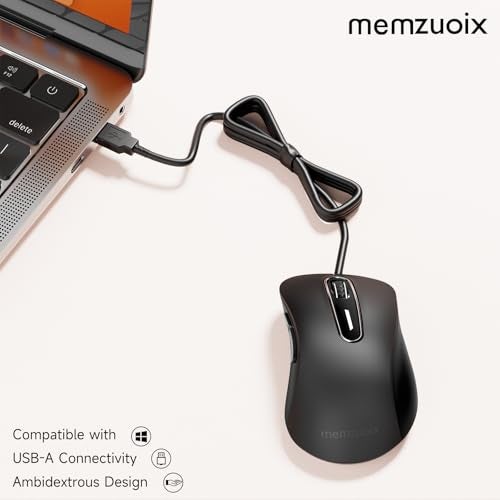 memzuoix Wired Mouse, USB Computer Mouse 1400 DPI Mobile Optical Mouse Ergonomic Design Computer Mice with 5FT Cord for Laptop, PC, Desktop, MacBook, 5 Buttons (Black) - Image 2