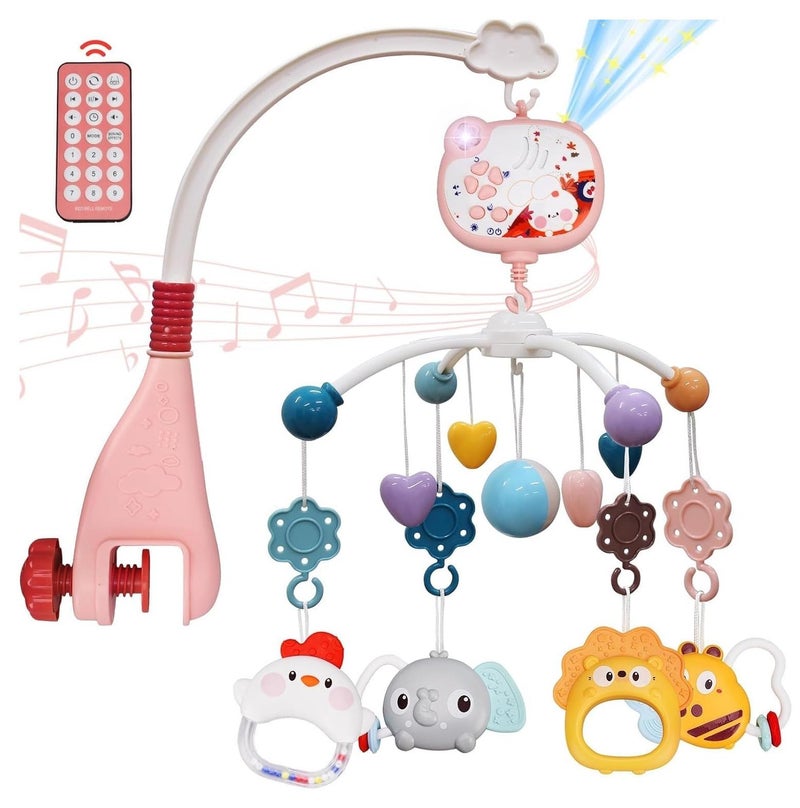 0TO1 TECH Baby Crib Mobile with Music and Lights, Crib Toys with Remote Control, Rotation, Moon and Star Projection, chewing teether rattle, Baby Mobile Toy Suitable for children Newborn (Pink) - Image 1