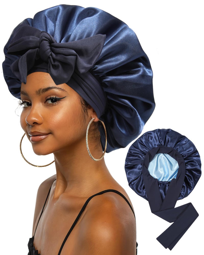 CHLINS Extra Large Satin Bonnet for Sleeping Jumbo Silk Bonnet Double Layer Hair Bonnet for Women with Elastic Tie Band Sleep Bonnet Hair Wrap for Braids Curly HairNavy Blue Light Blue