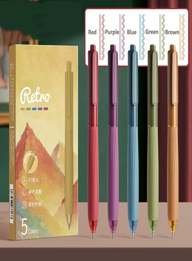 T-shin Vintage Rollerball Press Pens,5 Unique Shades Colorful Ink Click Pens,0.5mm Smooth Quick-Dry Gel Pens for Students,School Supplies,Vibrant Colors Rolling Ball Pens for Notes,Journals (5) - Image 2