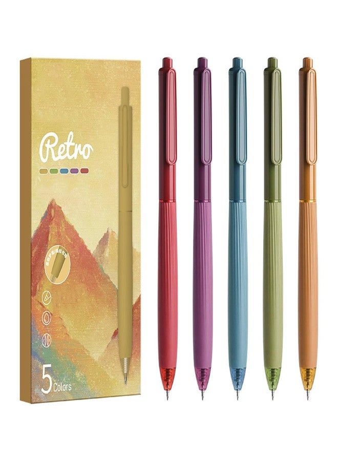 T-shin Vintage Rollerball Press Pens,5 Unique Shades Colorful Ink Click Pens,0.5mm Smooth Quick-Dry Gel Pens for Students,School Supplies,Vibrant Colors Rolling Ball Pens for Notes,Journals (5) - Image 1