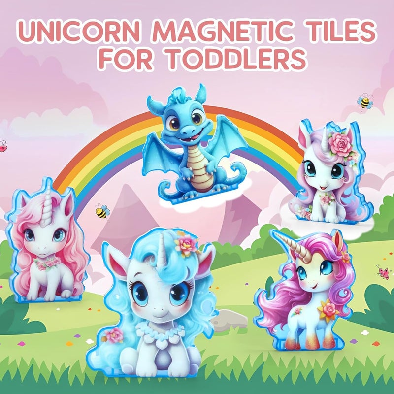 VANLINNY Unicorn Magnetic Tiles, Unicorn Toys for Girls Age 4-6, Magnetic Building Blocks for Kids, Diamond Magnetic Tiles 3D Educational Toy, STEM Construction for Toddlers, Birthday Gifts for Boys and Girls - Image 2