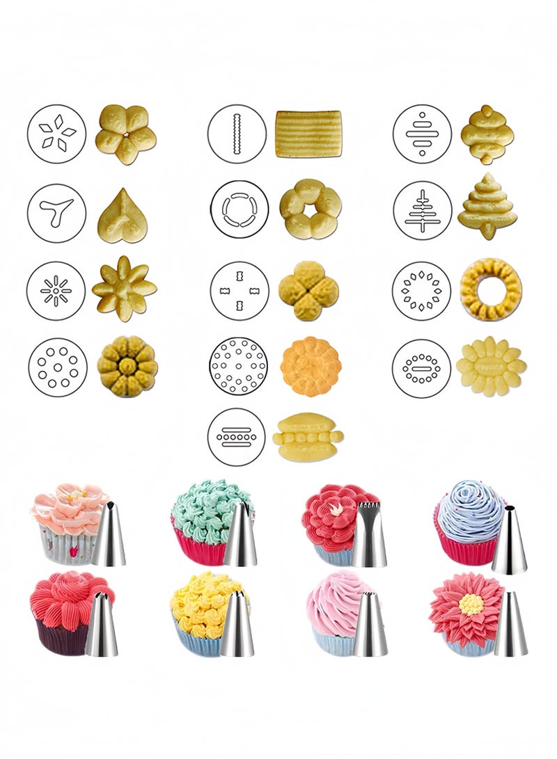 اعاره ماكينة ضغط البسكويت، ماكينة تحضير البسكويت من الفولاذ المقاوم للصدأ مع 13 قرصًا و8 فوهات لتزيين البسكويت والكعك في المنزل، مجموعة ضغط البسكويت للخبز - Image 2