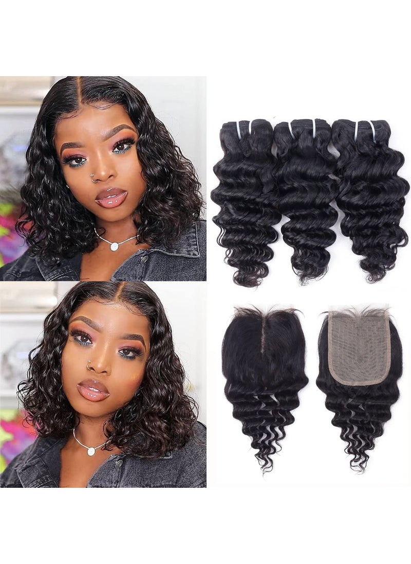FQ Deep Wave Bundles with Closure Brazilian Deep Curly Human Hair 3 Bundles with Closure10 10 1010 Middle Part 4x4 inch Lace Closure Wet and Wavy Bundles with 4x4 Closure 50gbundle 