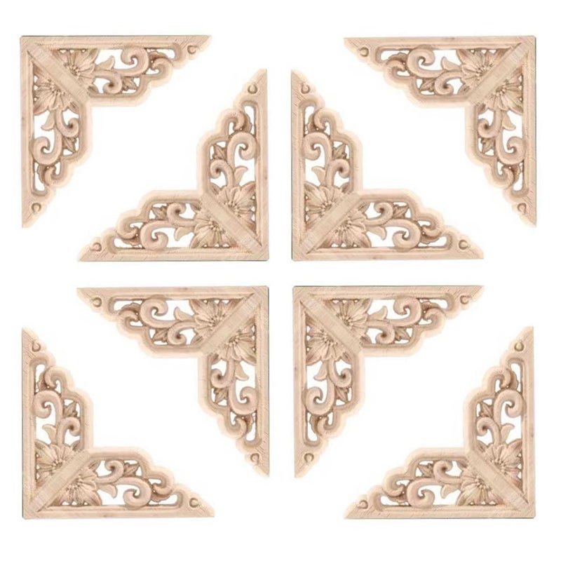 Aiminjey 20 Pcs Decorative Wood Flower Carved Appliques Corner Onlay DIY Unpainted Solid Wooden Carved Corner Decal for Furniture Wardrobe Mirror Photo Frame Closet Decoration (2.4inch-Retro) - Image 1