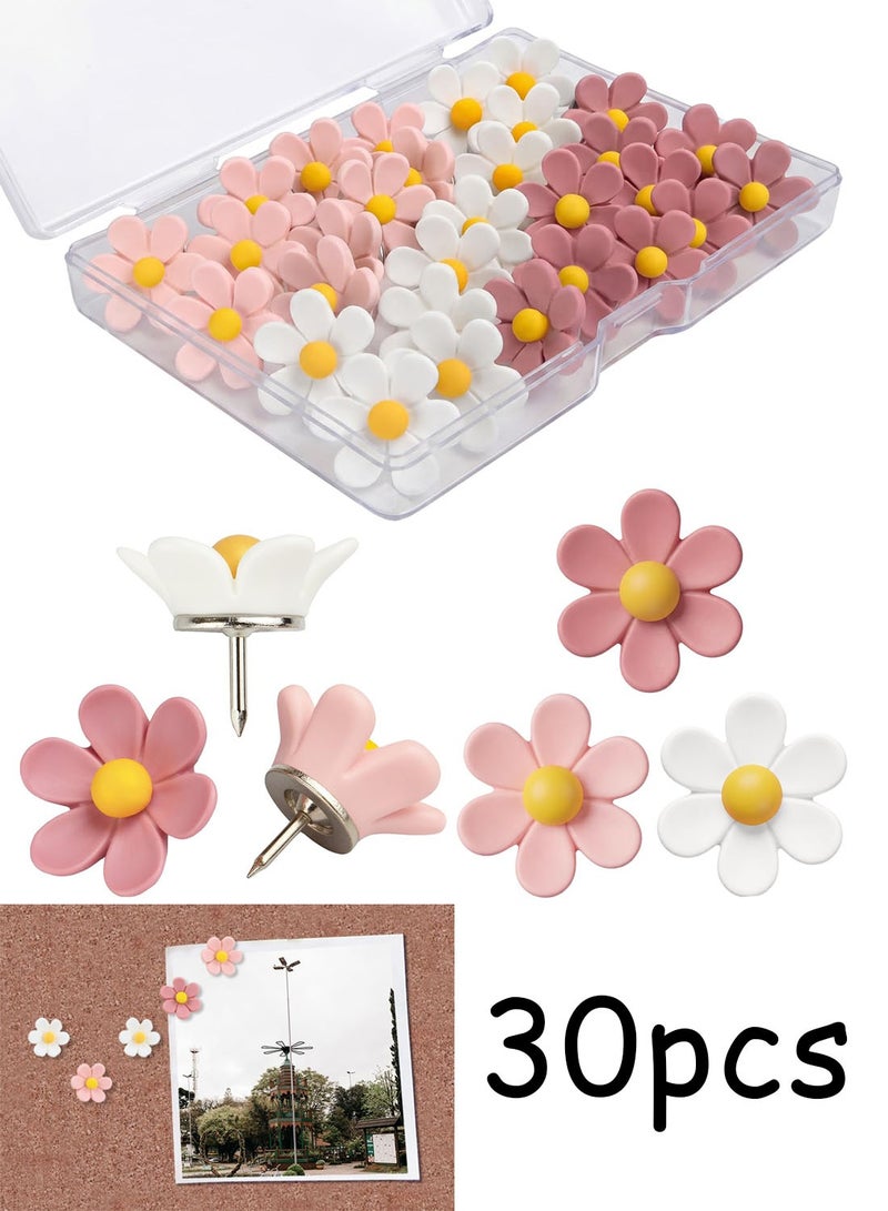 30 Pcs Flowers Push Pins Decorative Thumb Tacks in 3 Colors Cute Office Decor for Cork Board Bulletin Board, Photos Wall Maps and Other Offices Schools Supplies Festival Decoration - Image 1