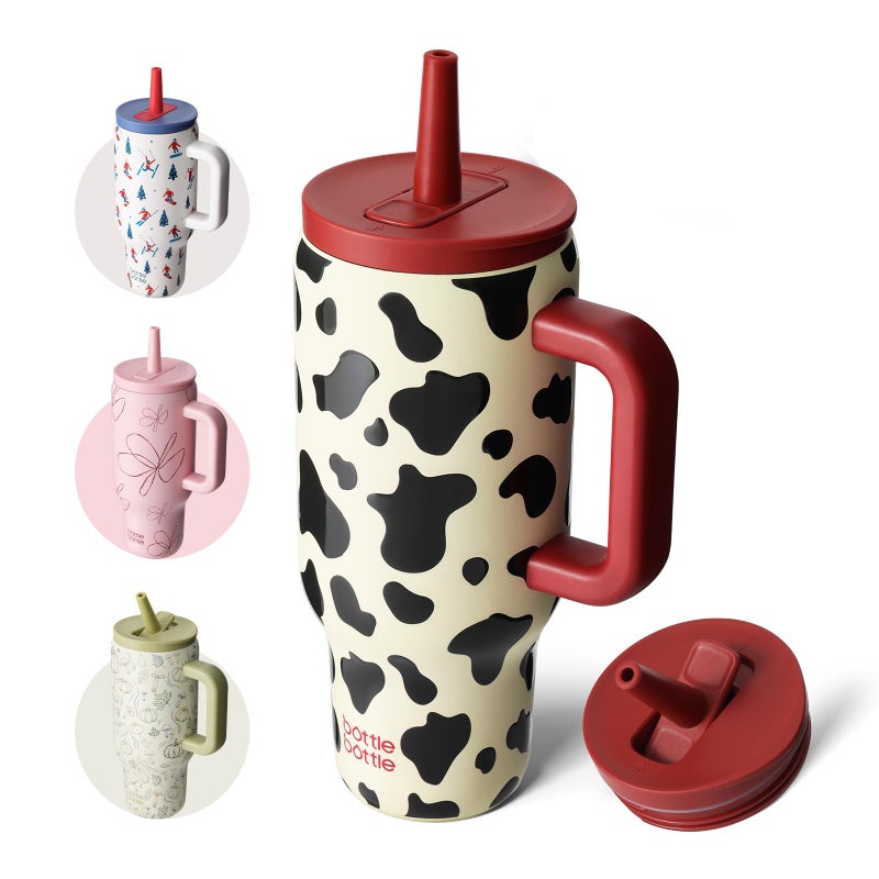 BOTTLE BOTTLE 30 oz Tumbler with Lid and Straw Stainless Steel Travel Mug Tumbler with handle Water Bottle with straw for College Office Gifts for Women Him Her Cow