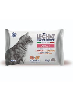 Monge Lechat Excellence by Monge | Cat Wet Food | Chunkies in Pouch | Super Premium Complementary Wet Cat Food | Multipack Beef & Salmon - 4x100g 