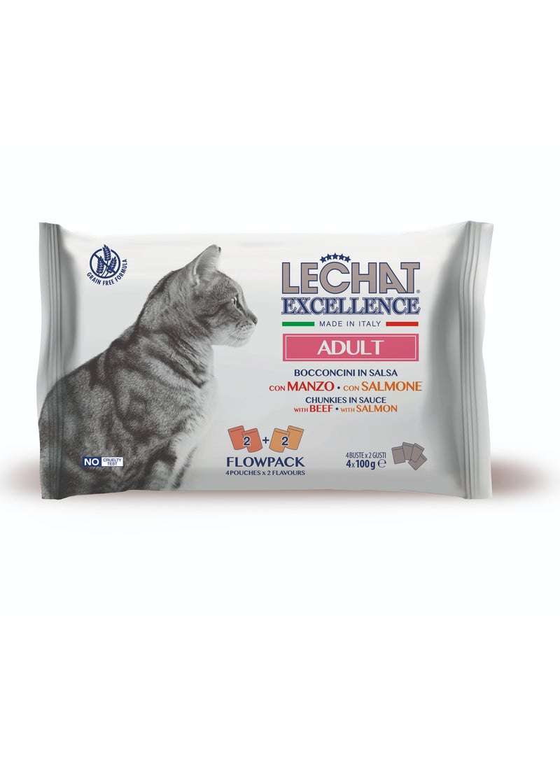 Monge - Lechat Excellence by Monge | Cat Wet Food | Chunkies in Pouch | Super Premium Complementary Wet Cat Food | Multipack Beef & Salmon - 4x100g - Image 1