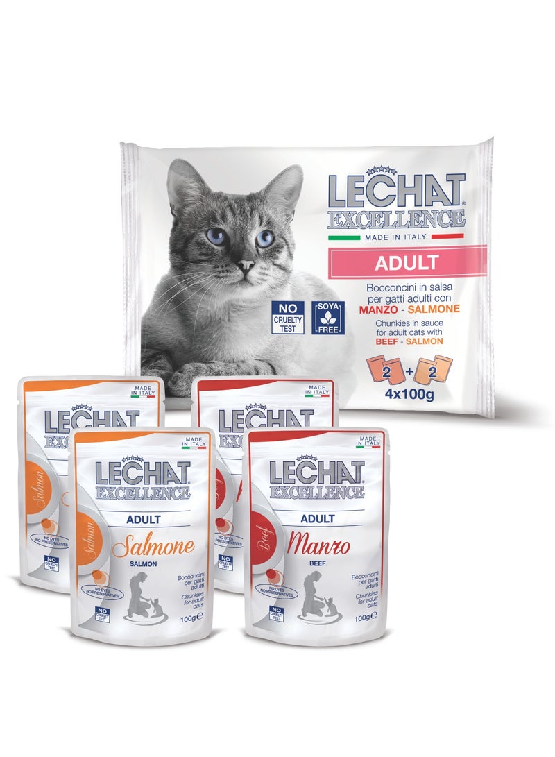 Monge Lechat Excellence by Monge | Cat Wet Food | Chunkies in Pouch | Super Premium Complete Wet Cat Food | Multipack Beef & Salmon - 4x100g - Image 1