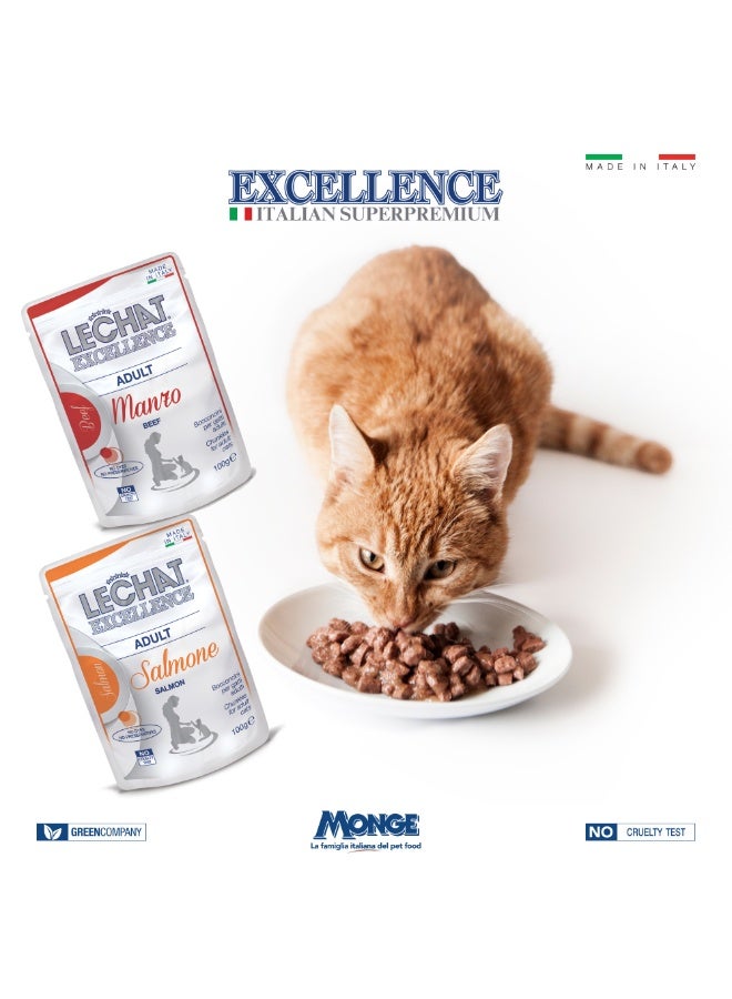 Monge Lechat Excellence by Monge | Cat Wet Food | Chunkies in Pouch | Super Premium Complete Wet Cat Food | Multipack Beef & Salmon - 4x100g - Image 2