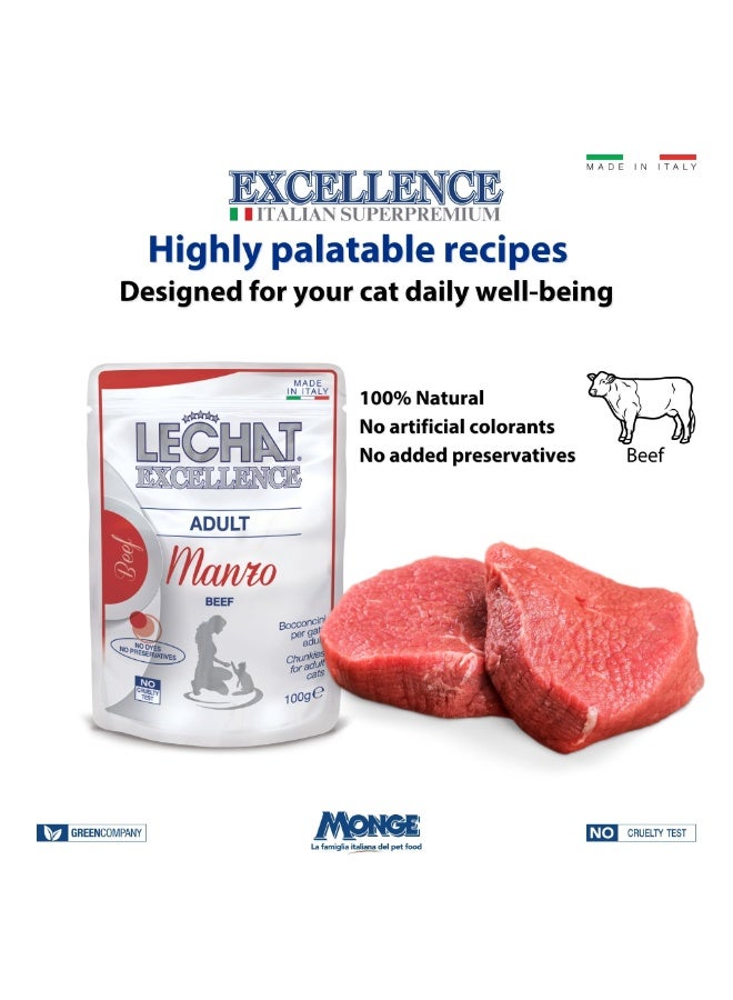 Monge Lechat Excellence by Monge | Cat Wet Food | Chunkies in Pouch | Super Premium Complete Wet Cat Food | Multipack Beef & Salmon - 4x100g - Image 4