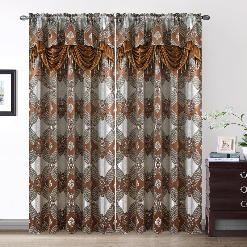 Petrichor Elegant Curtains with Gold Silver Threads 2 Panels Set - Luxury Window Treatment Attached Valance, Sheer Backing, and 2 Tie Backs for Bedroom and Living Room, 54x84 inches, Brown - Image 2